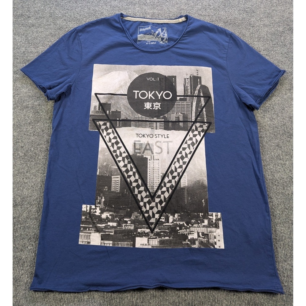 Mavi T-Shirt Tokyo Graphic Men's Size XL Blue Raw Hem